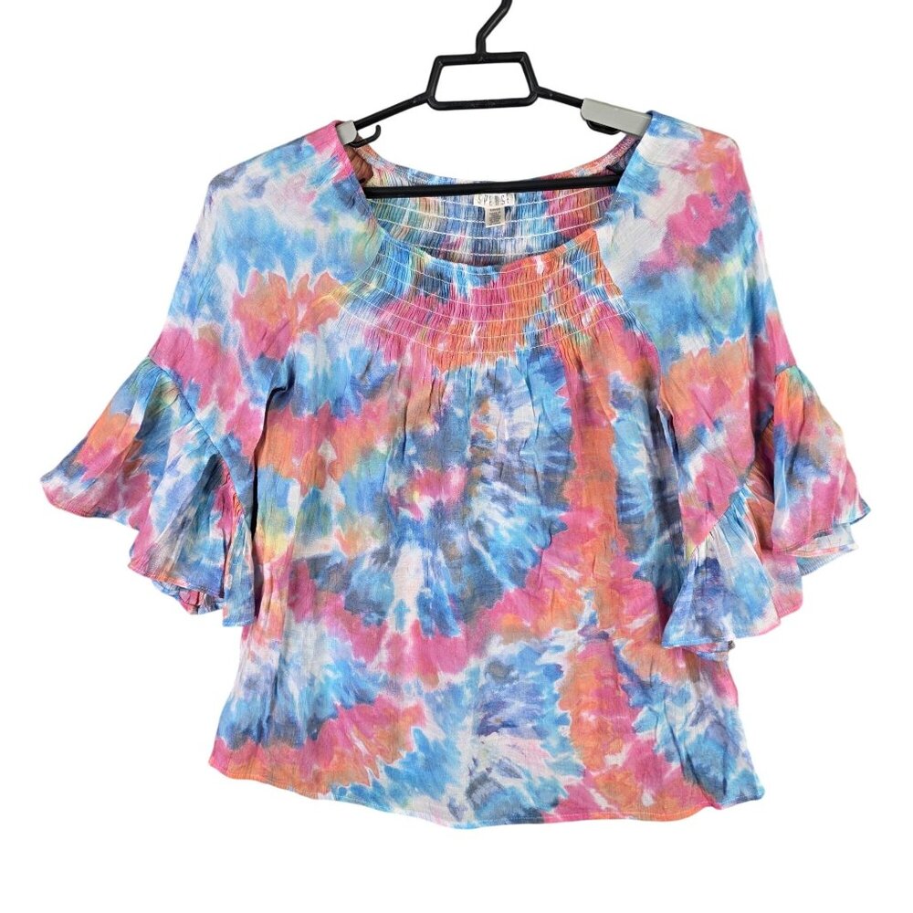 Womens Spense Multicolor Tie-Dye Top Smocked Square Neck & Ruffle Sleeves Size S